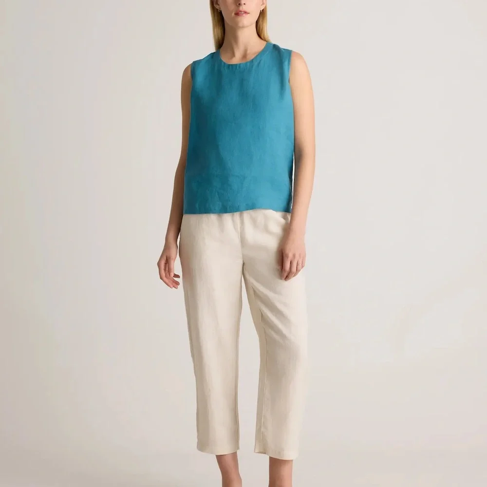 Quince Women 100% European Linen Sleeveless Spring Tank Top Teal Lg Mineral Blue - Picture 14 of 14